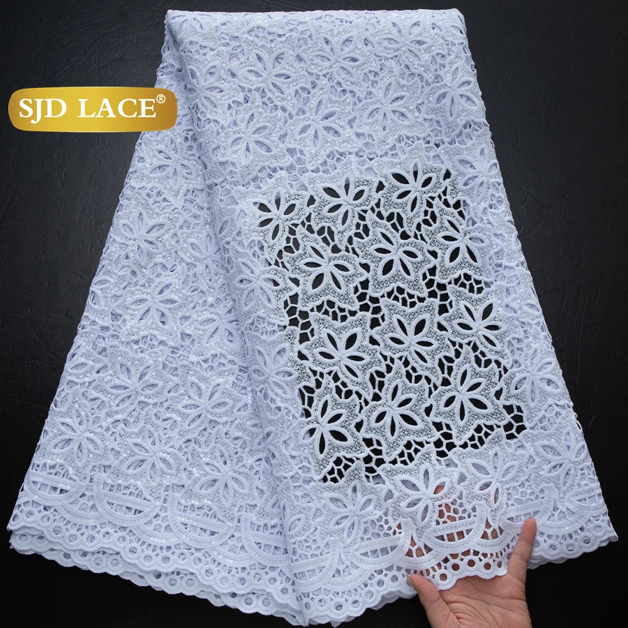 SJD LACE African Sequins Guipure Cord Lace Fabrics 5 Yards White 2026 New Nigerian Water Soluble Lace For Women Dresses Sew 4197