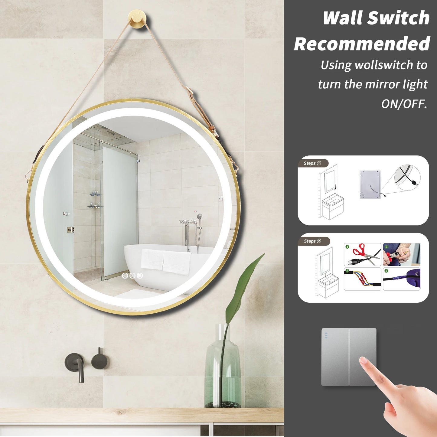 Frame Round Mirror,Round Bathroom Mirror with Light,Wall Mounted Lighted Vanity Mirror, Anti-Fog & Dimmable Touch Switch