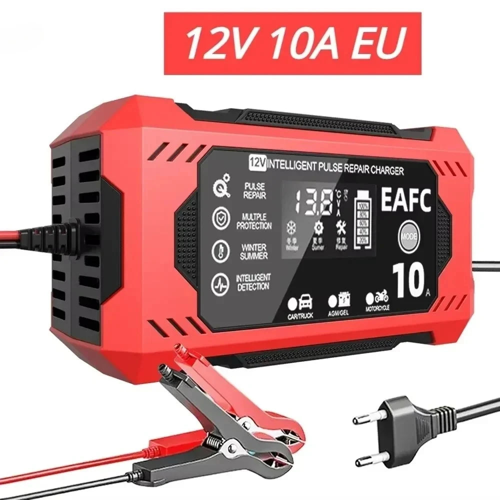 EAFC 12V 10A Car Battery Charger 6A Full Smart Charger Pulse Repair LCD Display Fast Charging Car Motorcycle AGM Gel Wet