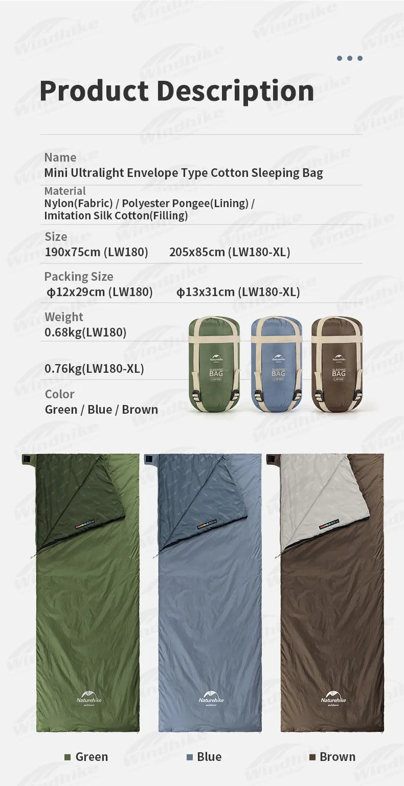 Naturehike LW180 Camping Sleeping Bag Ultralight Spring Summer Cotton Sleeping Bag for Single Couple Tourist Hiking Waterproof