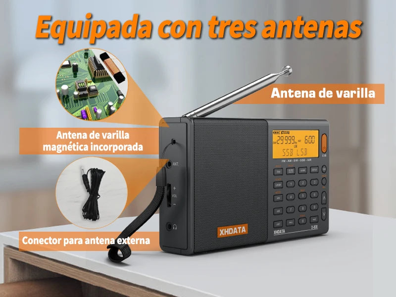 XHDATA D808 Professional AM FM SW MW AIR SSB RDS Radio Long Range Reception Portable Rechargeable Multiband Radio Stereo Sound