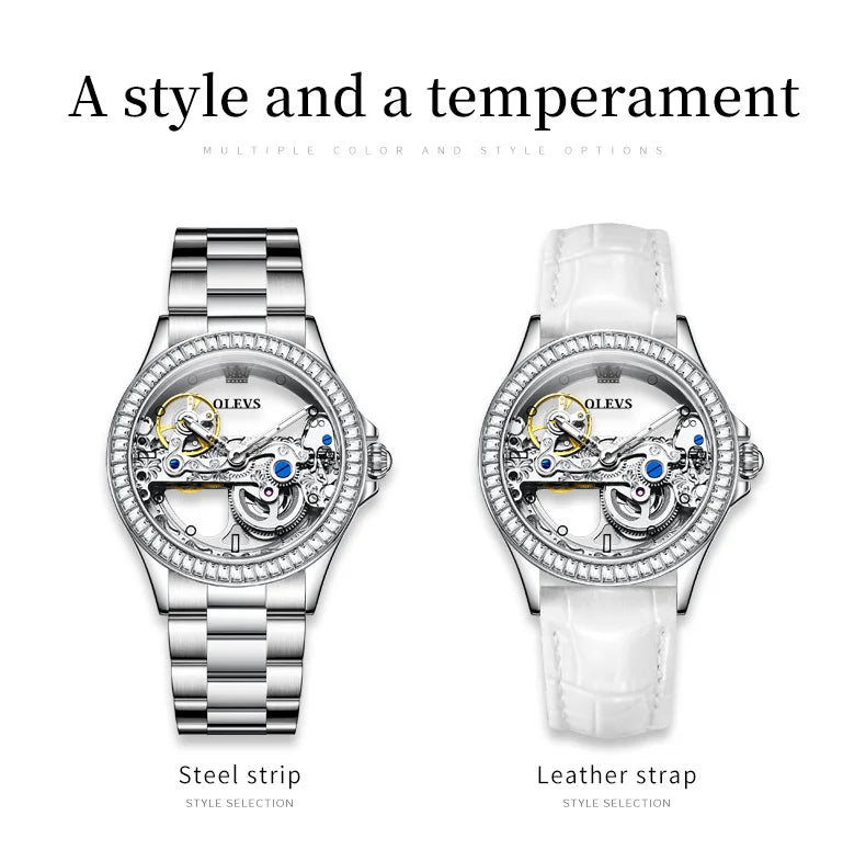 OLEVS 6699 Automatic Mechanical Women's Watch Transparent 40mm Big Dial Design Bracelet Watch Set Gift Luxury Watch for Women