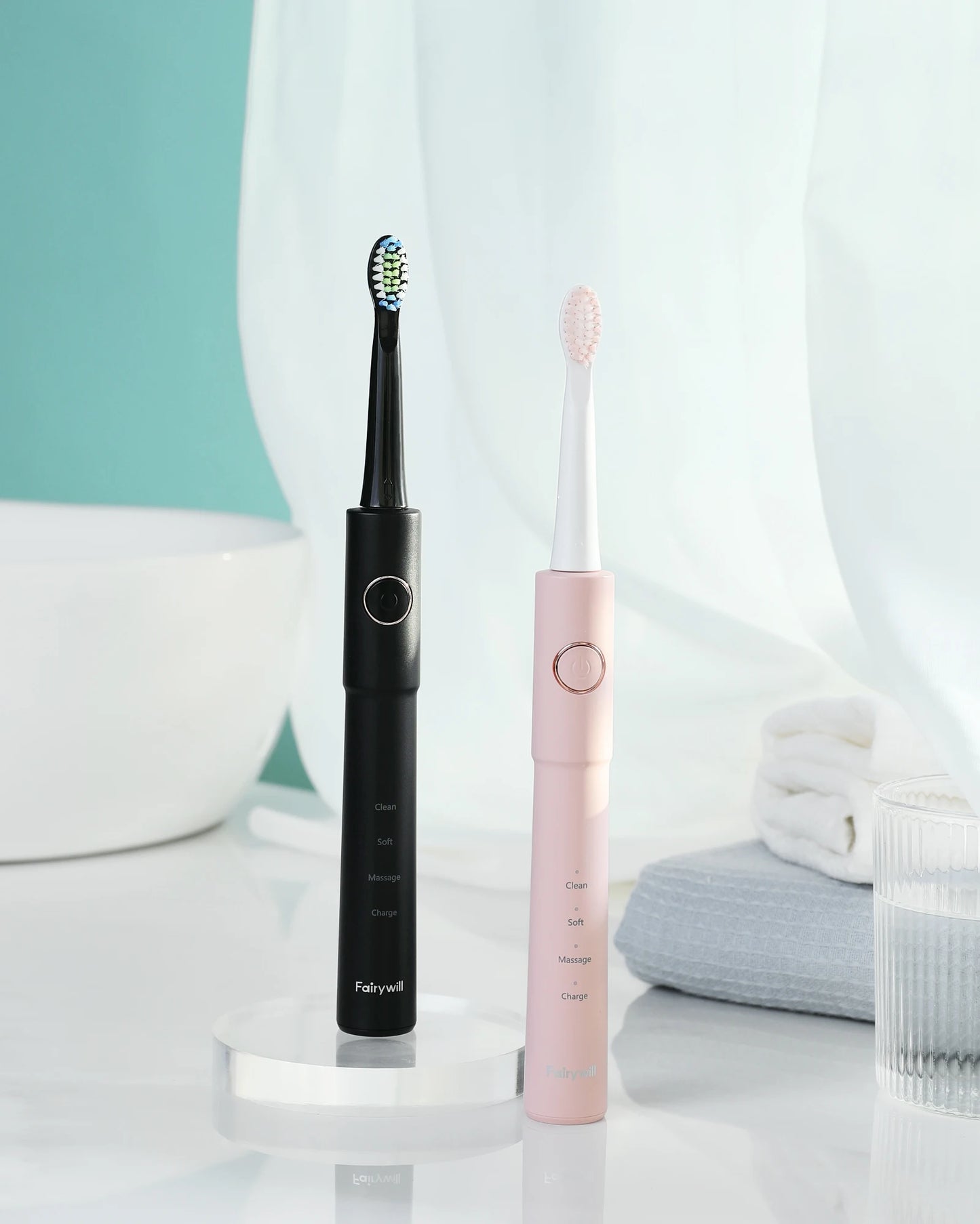 Fairywill Sonic Electric Toothbrush E11 Waterproof USB Charge With 8 Brush Replacement Heads Black and Pink Set for Couple