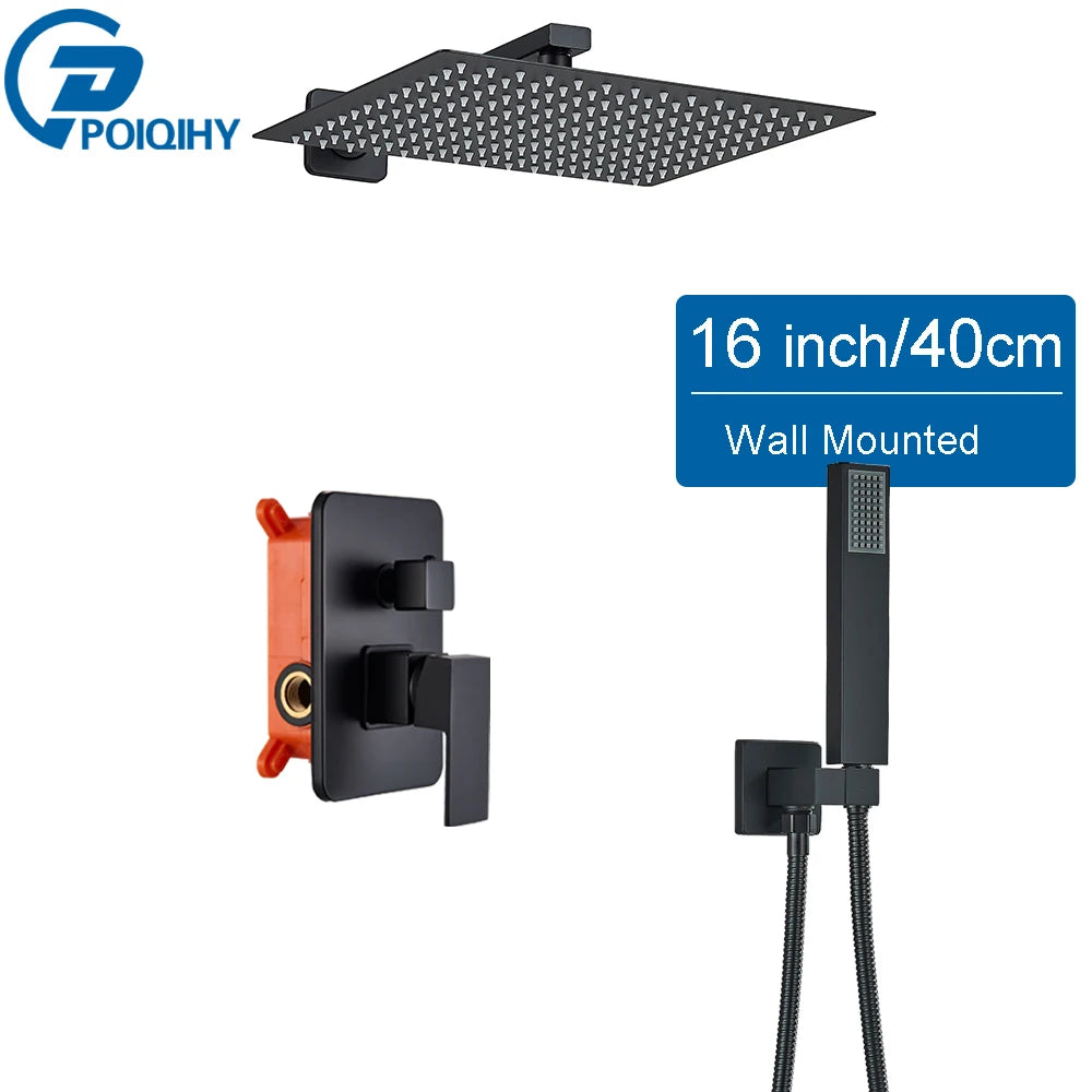 POIQIHY Embedded In Wall Shower Faucet Rainfall Stainless Steel 8/10/12/16" Shower Head Faucet Shower Tap Mixers Matte Black