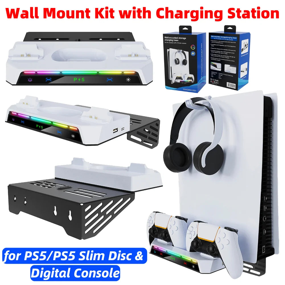 Shelf Floating Mount with Charging Station Wall Bracket Metal Wall Hanging Charger Stand for PS5 Slim/PS5 Console Disc & Digital