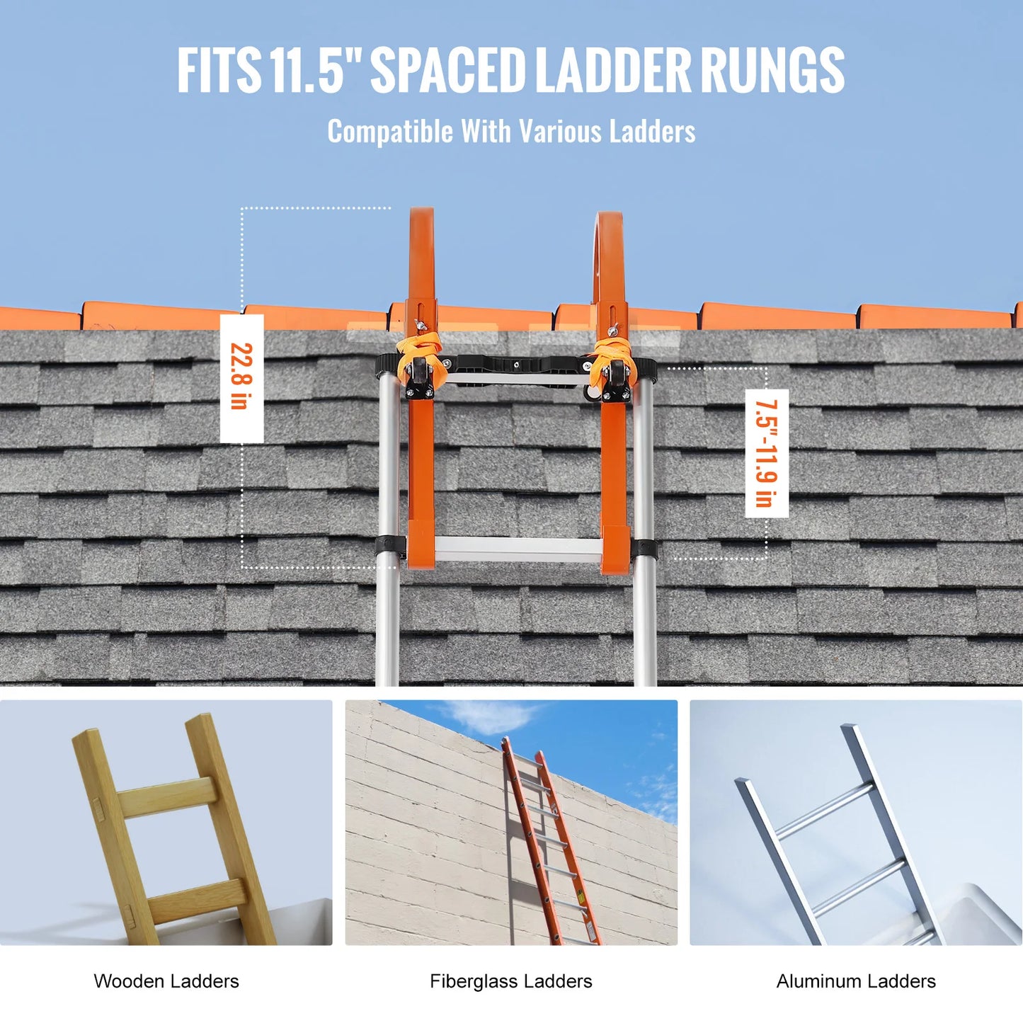SucceBuy Orange/Black Ladder Roof Hook Heavy Duty Steel Ladder Stabilizer Roof Ridge Extension Rubber Grip T-Bar 500 lbs