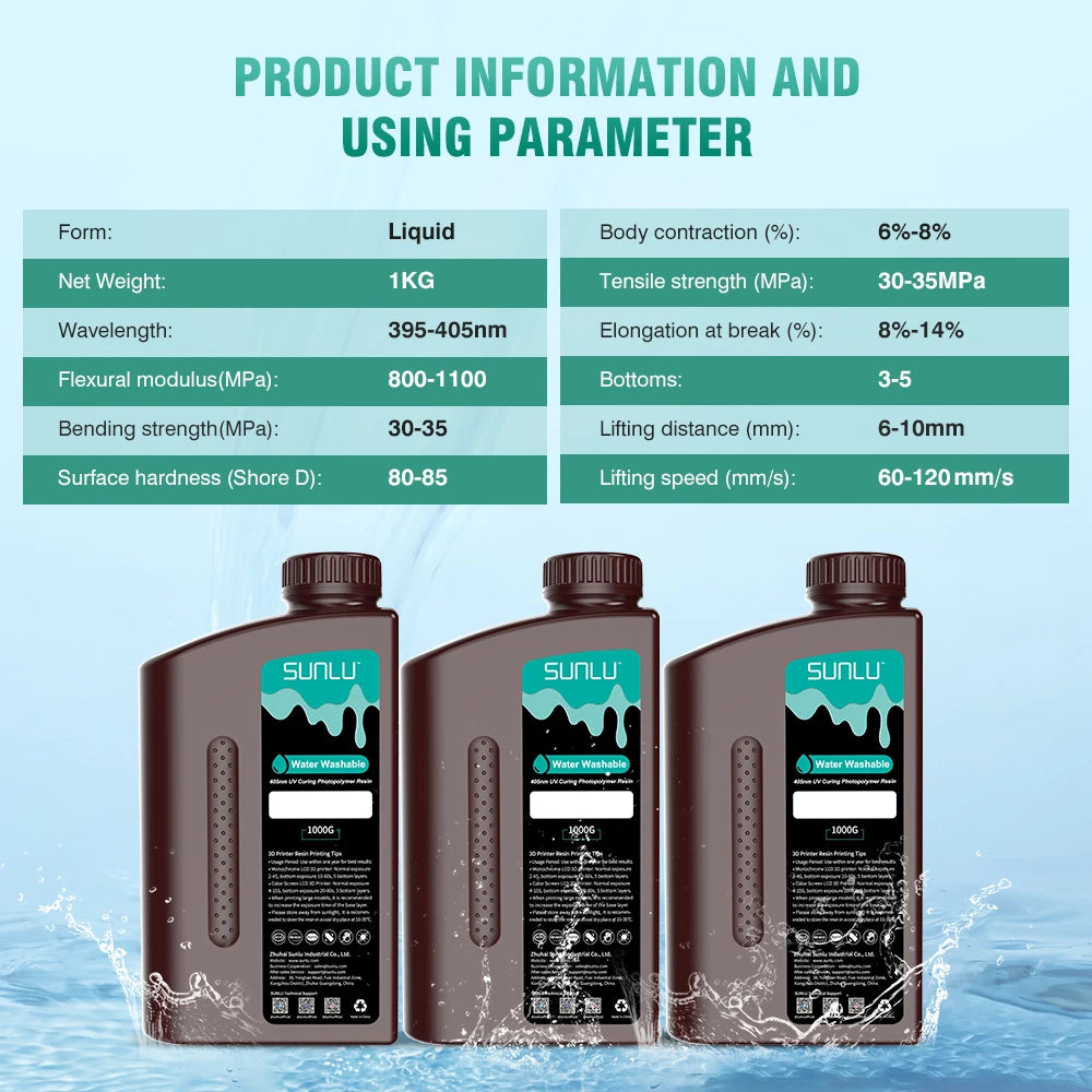SUNLU 5KG Water Washable 3D Printer Resin 395-405nm 1kg 3D Resin Fast Curing 3D Resin for 2K 4K 8K LCD DLP SLA Resin 3D Printer