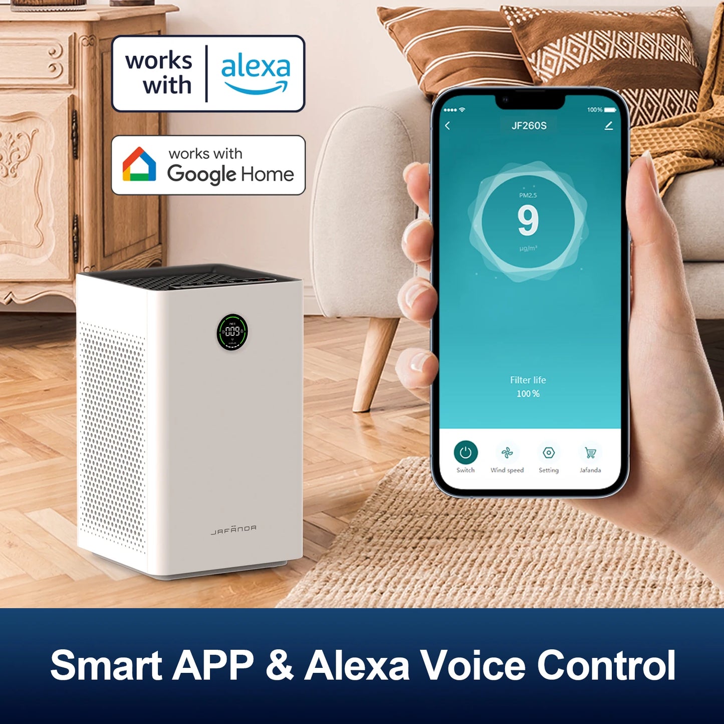Jafända Air Purifiers for Home Large Room, Smart WiFi and Alexa Control, True HEPA Filter Air Cleaner with Activated Carbon