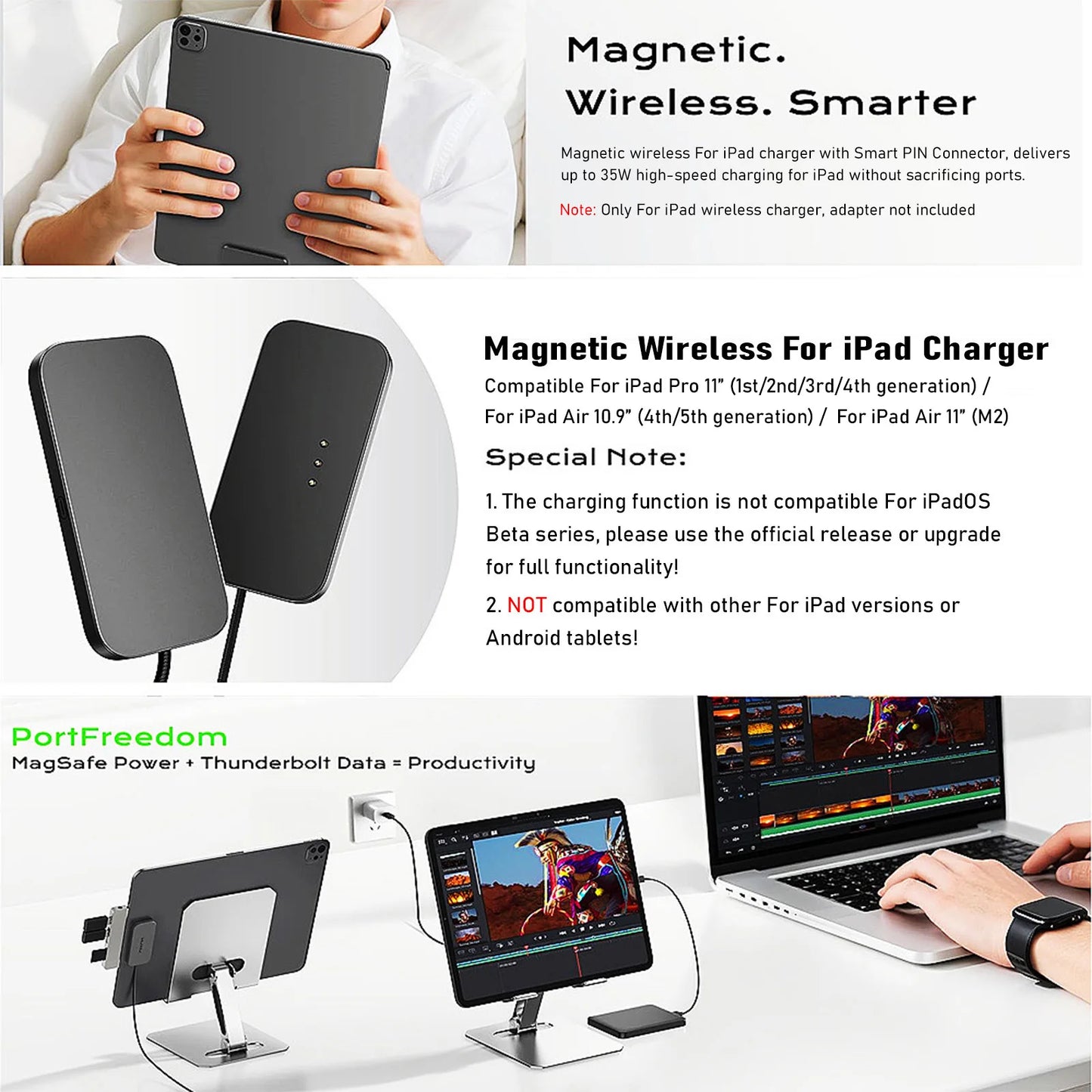For iPad Pro Magnetic Wireless Charger Fast Charging Smart Connector Charger Charger-Fast Charging Pad W/ USB-C Cable