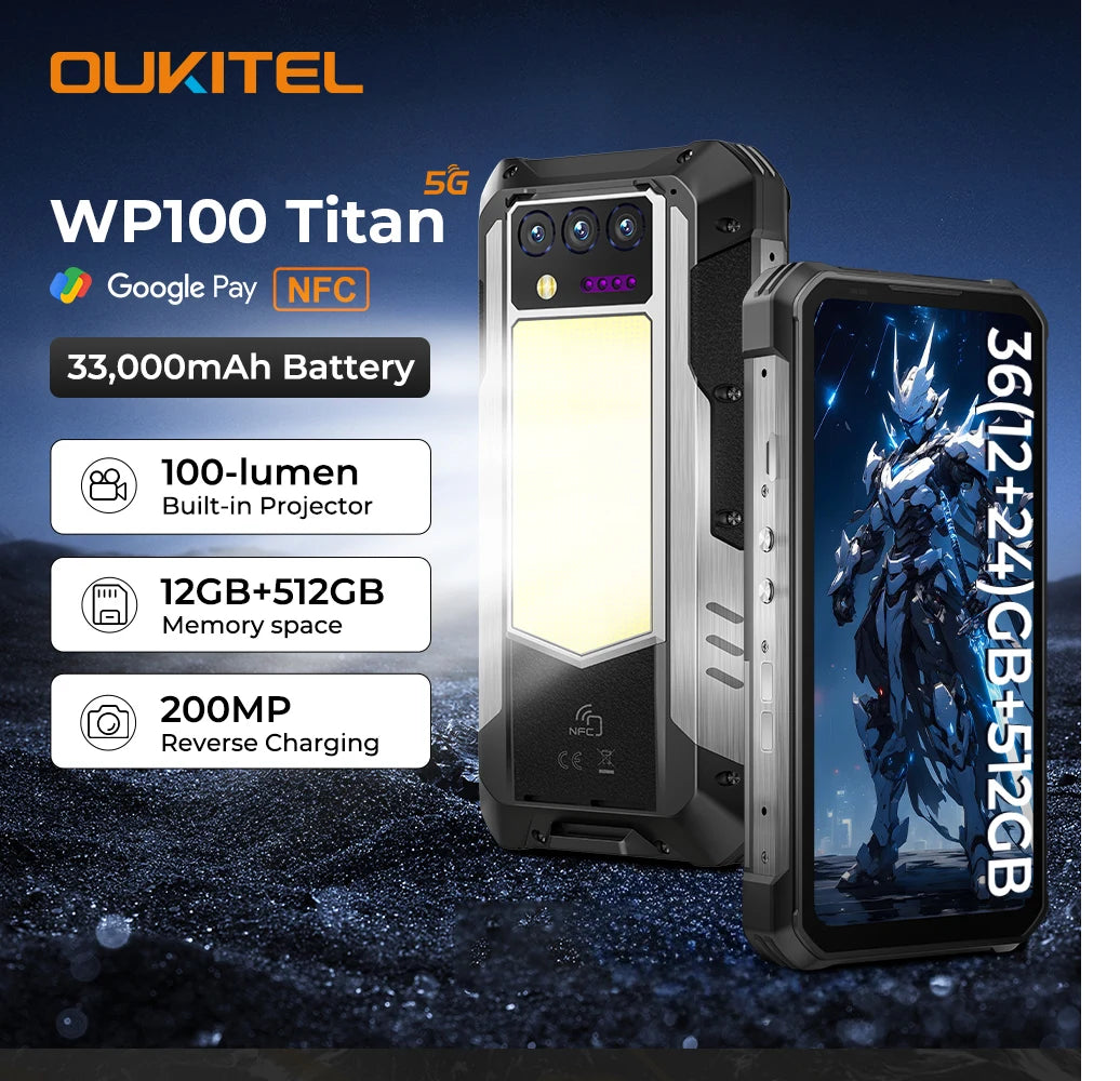 Oukitel WP100 Titan Rugged Phone 33000mAh 66W Charger 200MP Camera Built-in Projector Camping Light CellPhone, 36GB(12+24)+512GB
