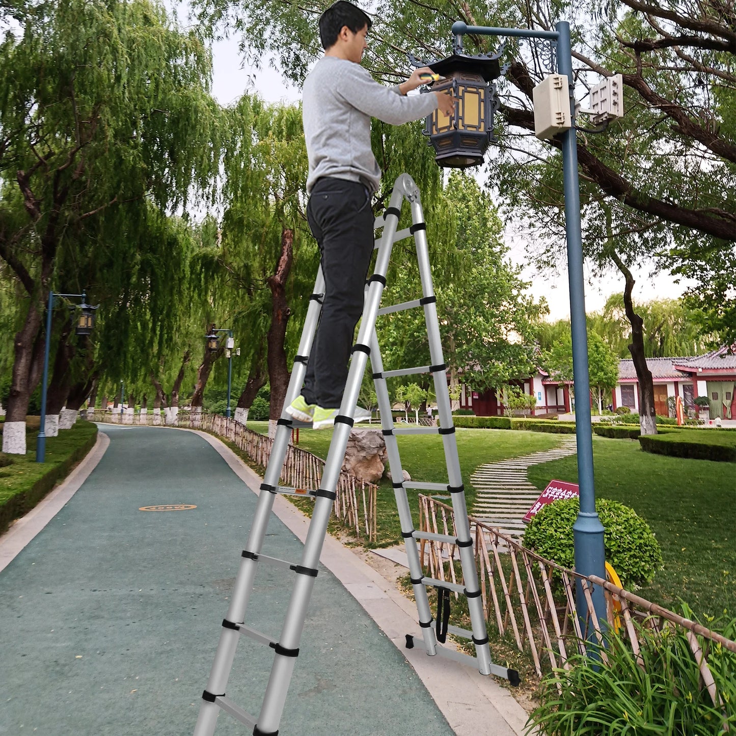 3.8M/5M Portable Folding Ladder ,Household  Telescopic A-Frame & Vertical Ladder , Aluminum & Stainless Steel, No Slip,150kg