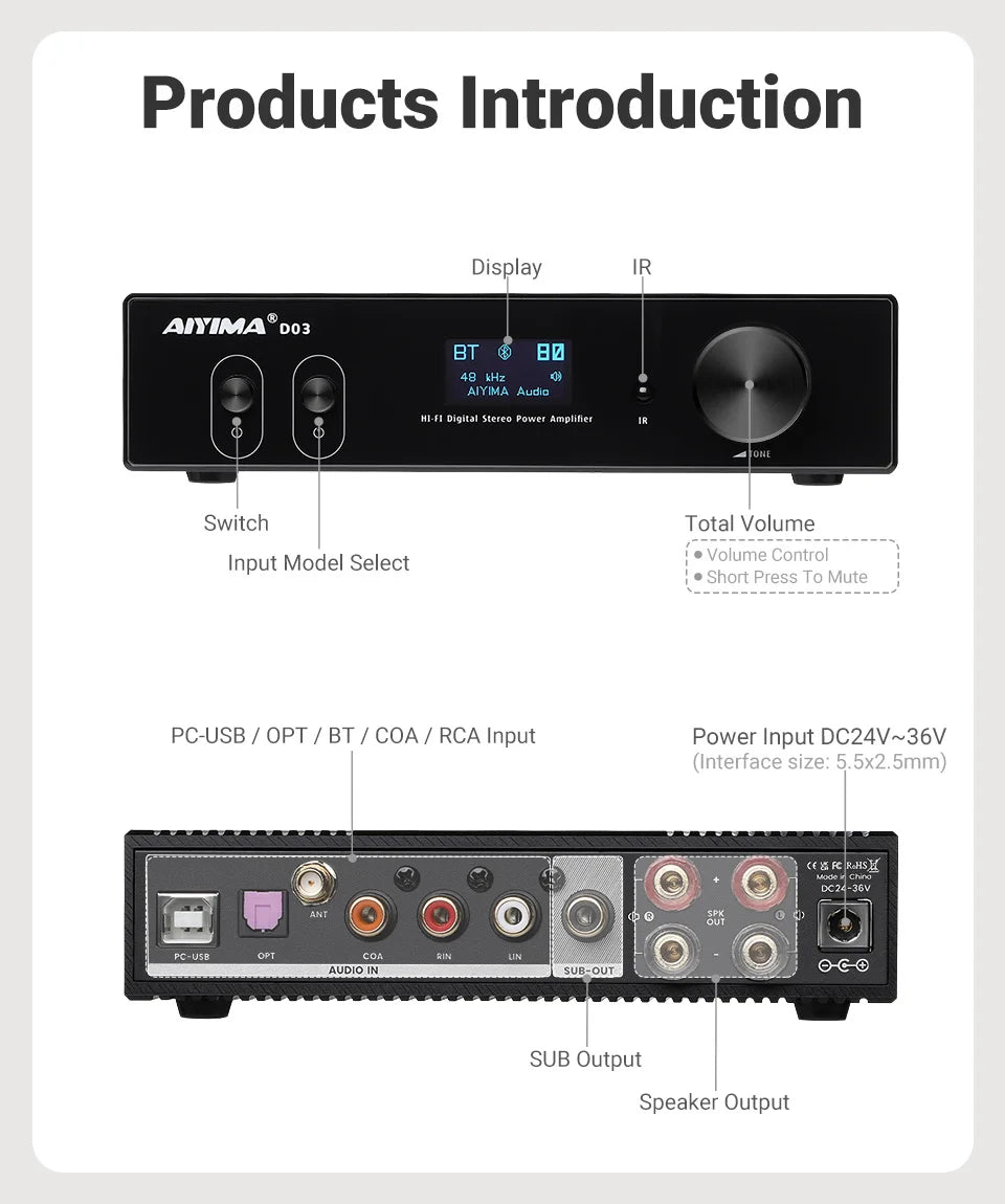 AIYIMA D03 Bluetooth Amplifier 150Wx2 Stereo HiFi Sound Amplificador Subwoofer Amplifiers USB DAC OLED APTX DIY 2.1 Home Audio