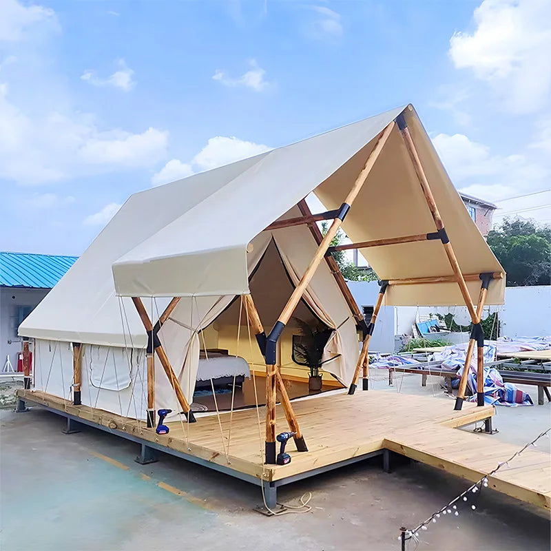 Triangle Design Glamping House Wooden Frame 4 Season Camping Wind Resistant Shelter For Restaraunt Backyard Garden Resort Event
