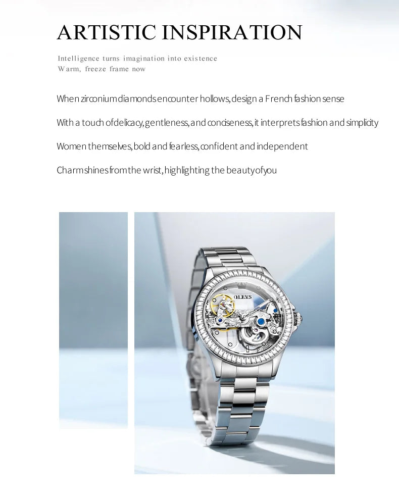 OLEVS 6699 Fully Hollowed Mechanical Watch for Women Luxury Elegant Diamond Bezel Ladies Wristwatch Top Automatic Women's Watch