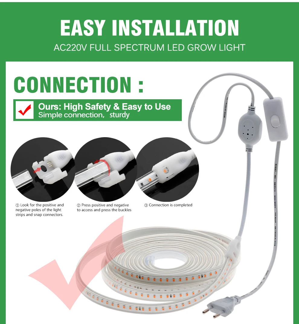 Grow Light Strips Full Spectrum 220V Phyto Lamp Waterproof LED Strips Plant Light for Flower Seedling Grow Tent Hydroponic 1-20m