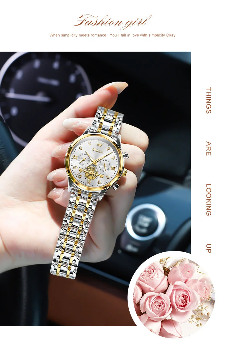 OLEVS Flywheel Skeleton Women Quartz Watch Stainless steel Chronograph Waterproof Luminous Ladies Bracelet Watch for Women Set