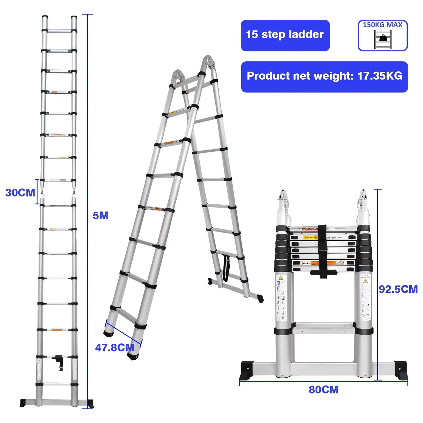3.8M/5M Portable Folding Ladder ,Household  Telescopic A-Frame & Vertical Ladder , Aluminum & Stainless Steel, No Slip,150kg