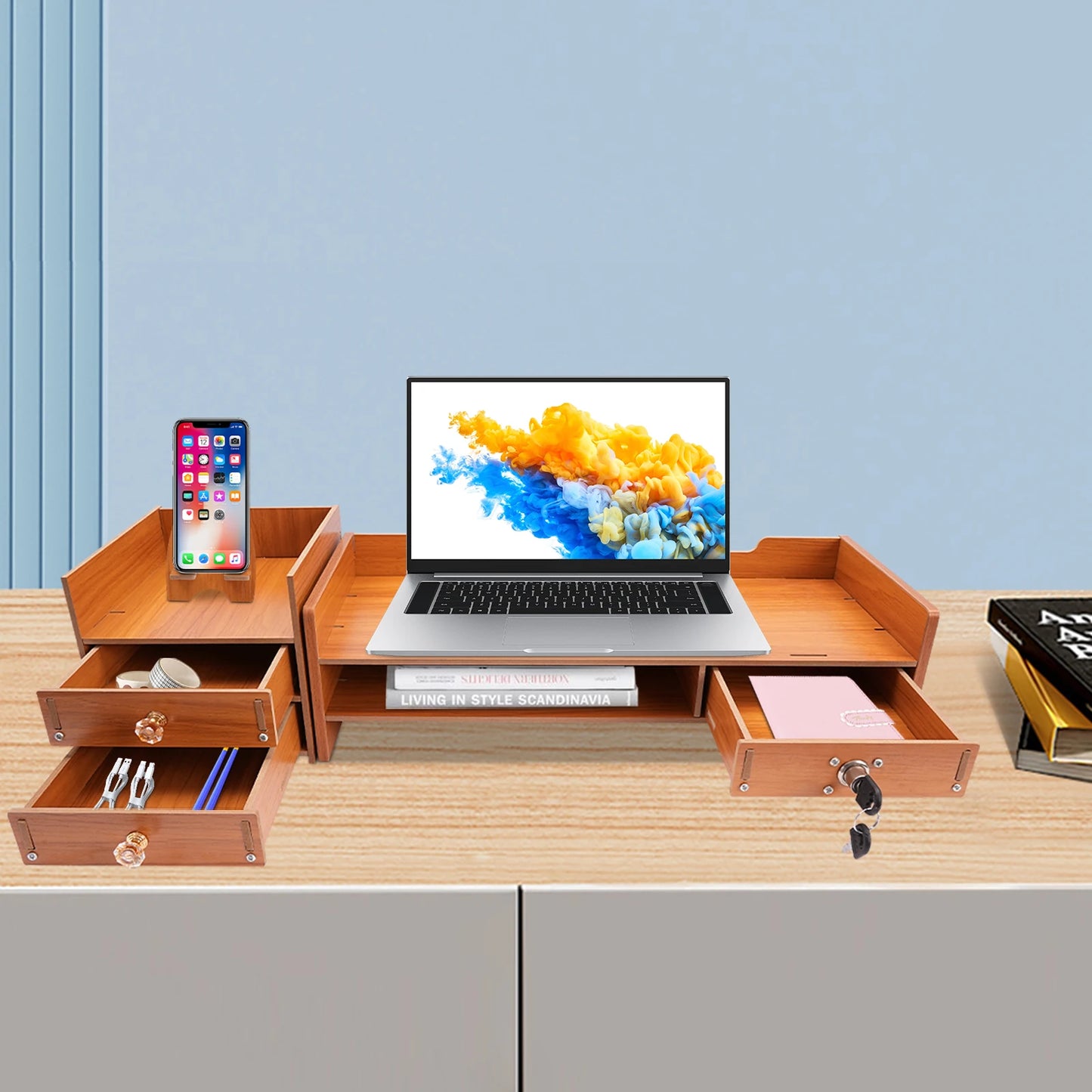 Wooden Desk Organizer W/ Drawer File Storage Desk Monitor Riser Computer Stand