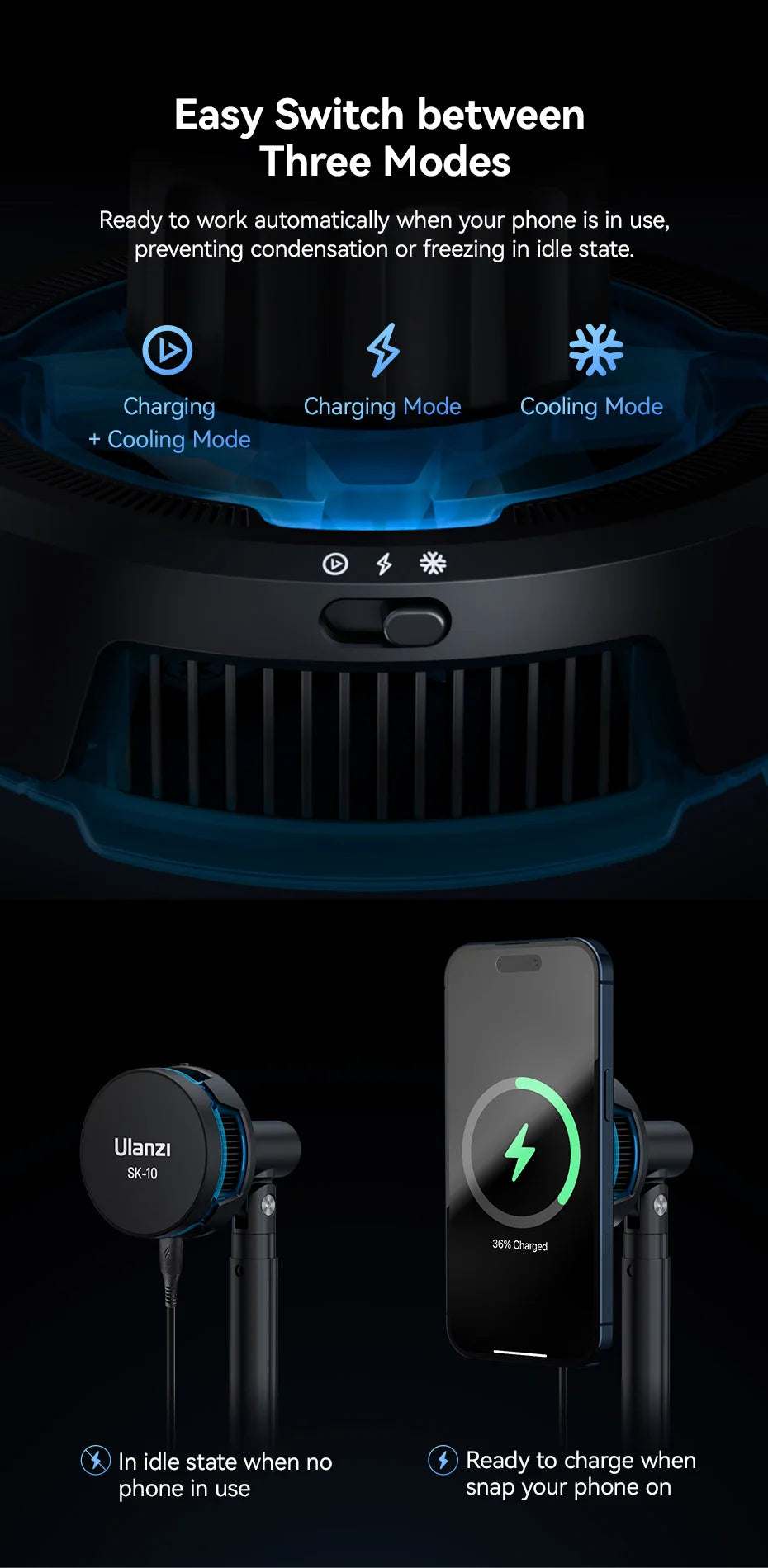 Ulanzi SK-10 3 in 1 Magnetic Cell Phone Stand with Cooling Fan and Wireless Charger for iPhone Height Adjustable Phone Desk Hold