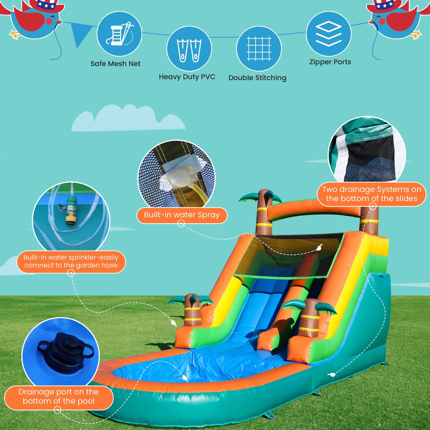 21FT Commercial Inflatable Bounce House Tropical Water Slide Pool 750w Blower Children's playground, children's toys