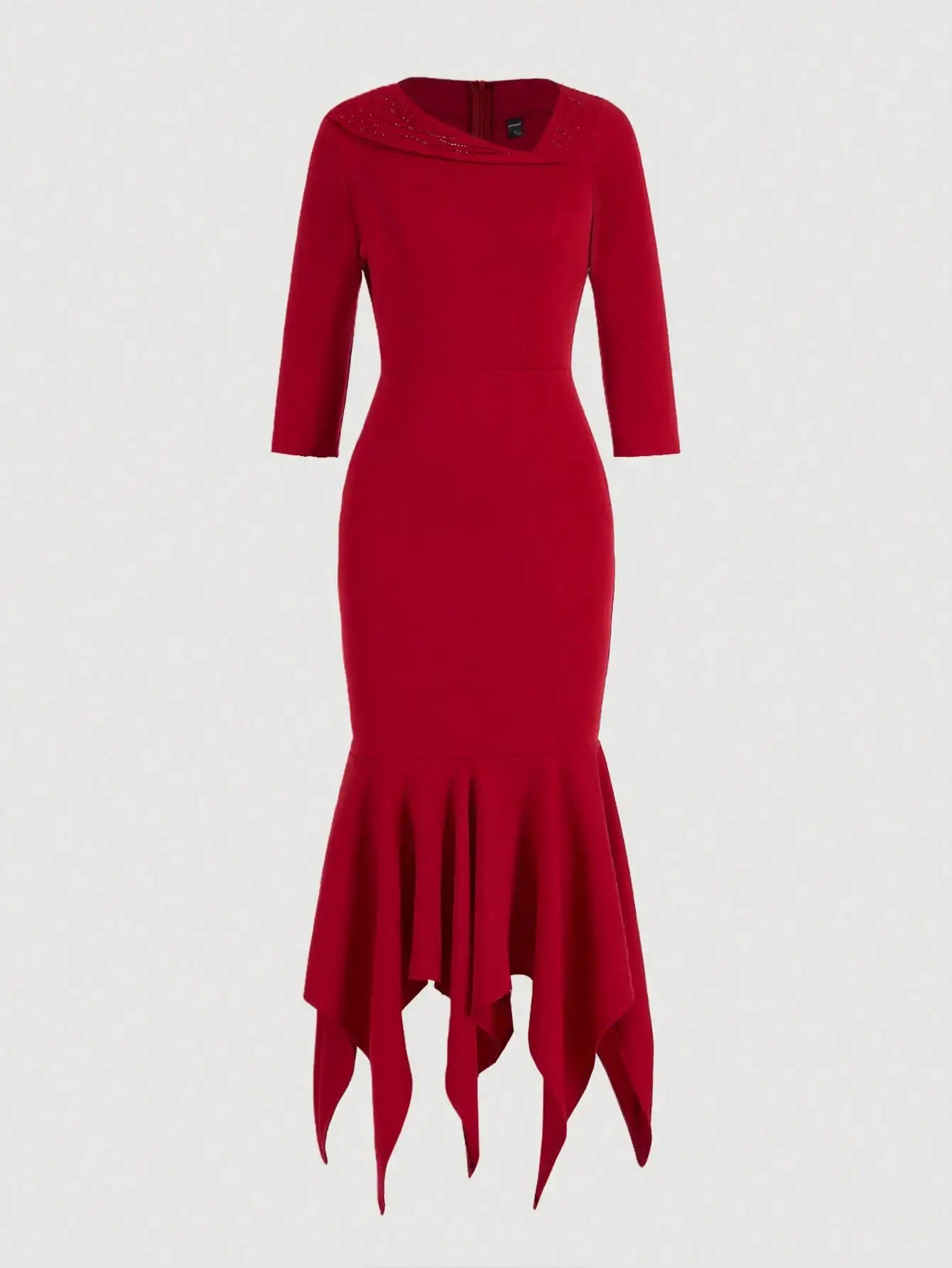 Women's Red Knit Bodycon Dress with Asymmetric Neckline, Rhinestone Detail & Ruffle Hem