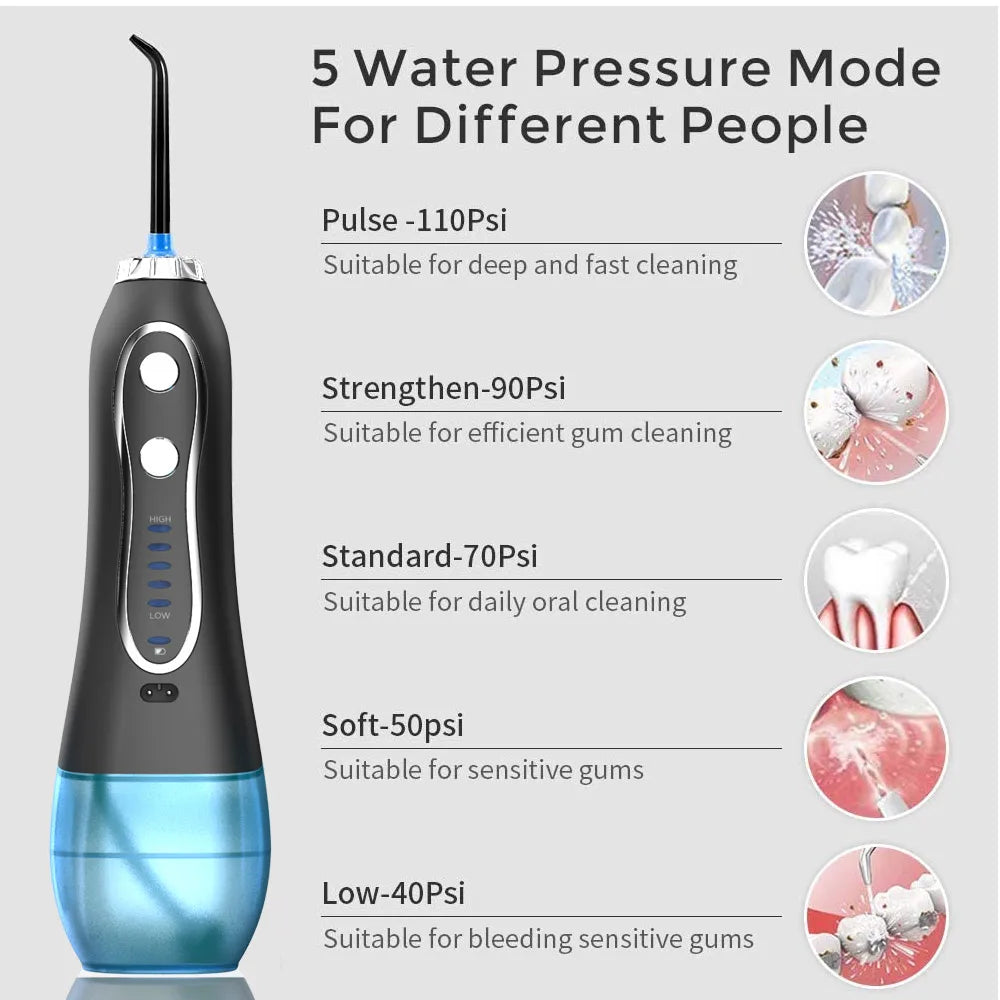 KinseiBeauty 5 Modes Oral Irrigator Teeth Whitenin Portable Dental Flosser USB Rechargeable 300ml Tank Water Flosser Dental