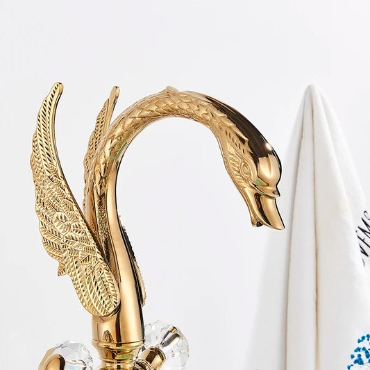 Brass Gold Black Swan Basin Faucet Deck Mounted Bathroom Faucet Hot and Cold Water Mixer Tap Bath Water Faucet Basin Faucet Taps