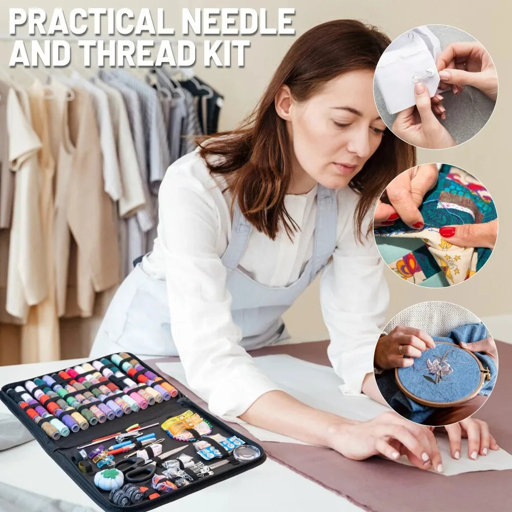 Complete Sewing Kit with Threads, Needles, Scissors & Tape Measure - Portable Travel DIY Embroidery & Handwork Tool Set