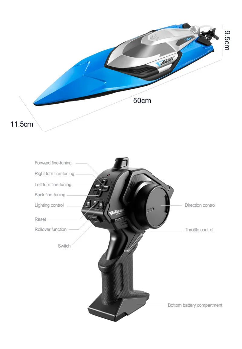 50CM Large Racing 70KM/H High Speed RC Boat 2.4G 200M Capsized Reset Dual Waterproof Smart Alarm Remote Control Boat Speedboat