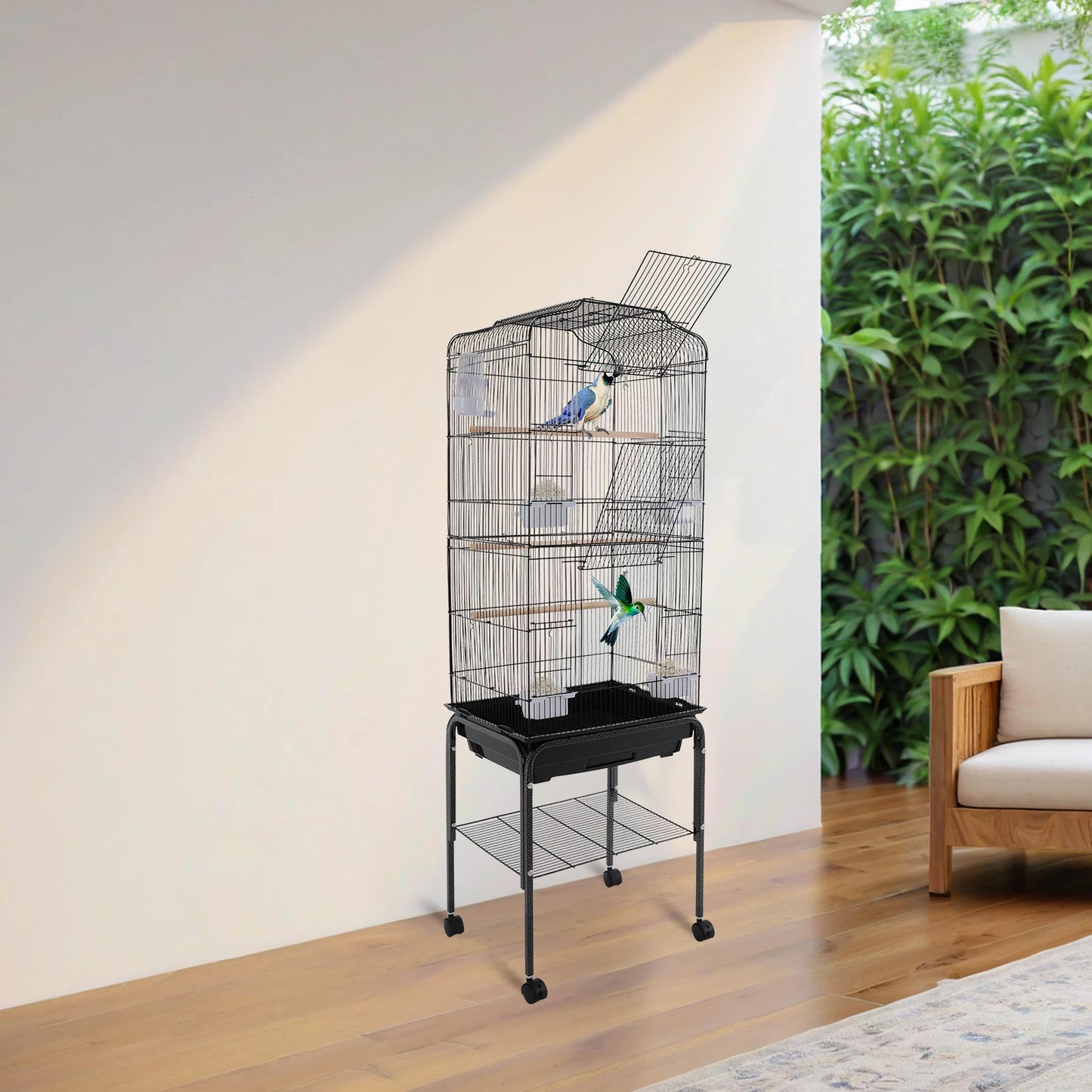 Large Bird Cage with Stand & Wheels, 47x37x137cm Flight Cage for Cockatiels Parrots Finches with Lockable Door (White/Black))