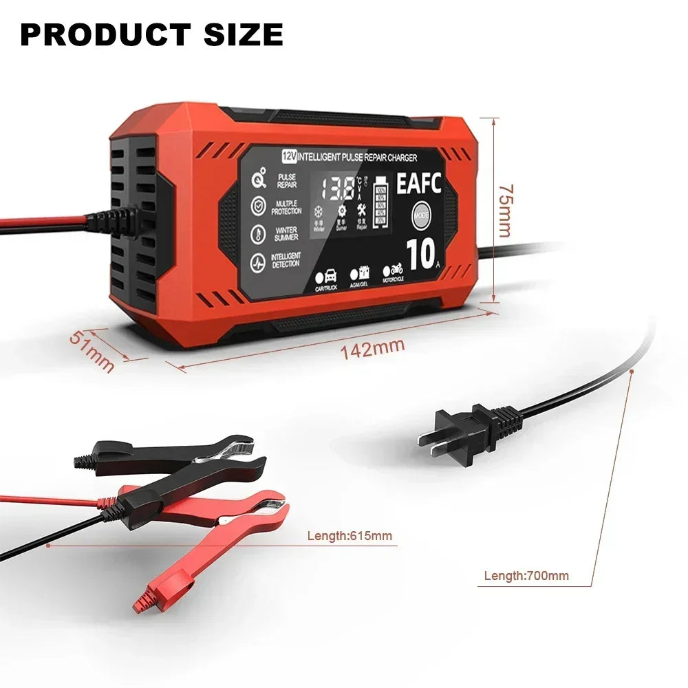 EAFC 12V 10A Car Battery Charger 6A Full Smart Charger Pulse Repair LCD Display Fast Charging Car Motorcycle AGM Gel Wet