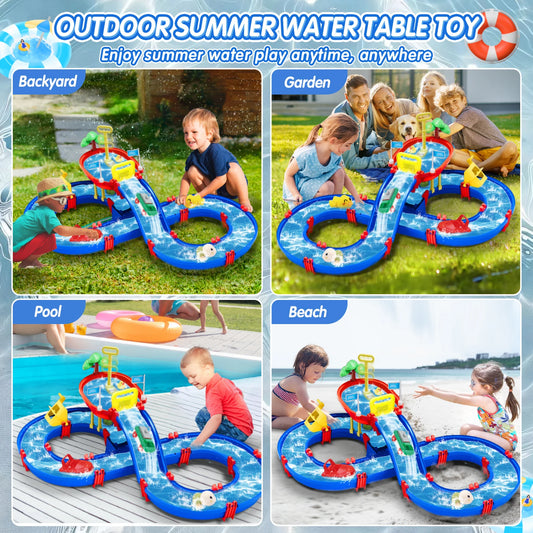 VATOS Summer Outdoor Kids Water Table 2-Tier Toddlers Water Table Playset Pool Waterway Toy with Pump Outside Activity Kids Fun