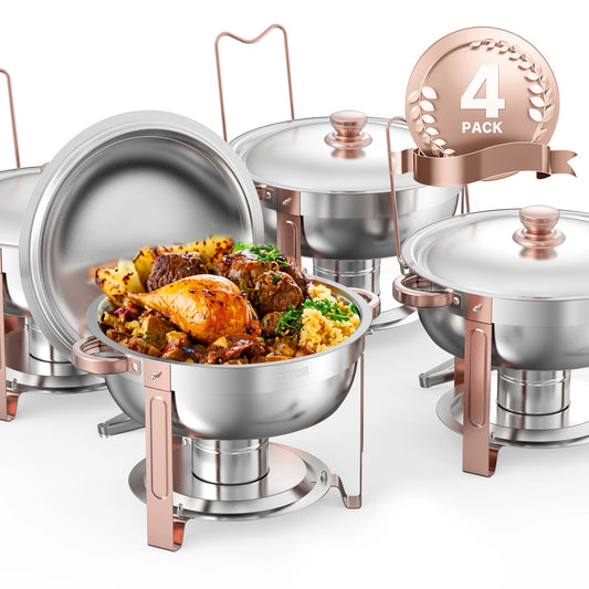 SucceBuy 5 Qt 4 Pack Chafing Dish Buffet Set Round Catering Warmer Server w/Lid Water Pan Folding Stand Clip for Wedding Party