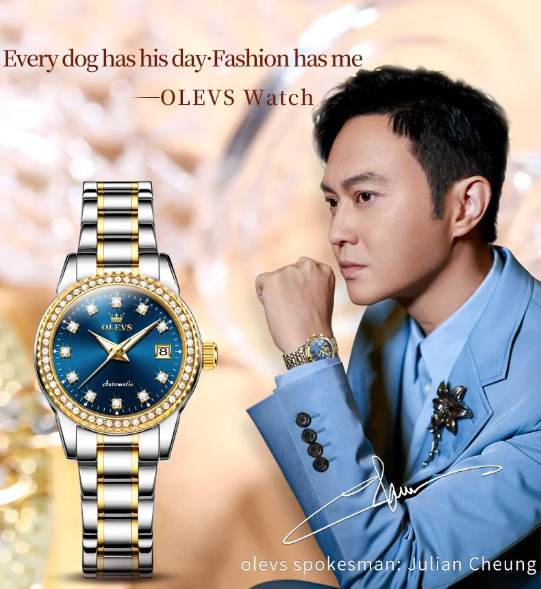 OLEVS Automatic Watch for Women Diamond Gold Luxury Stainless steel Elegant Original Women's Automatic Watch Necklace Gift Set