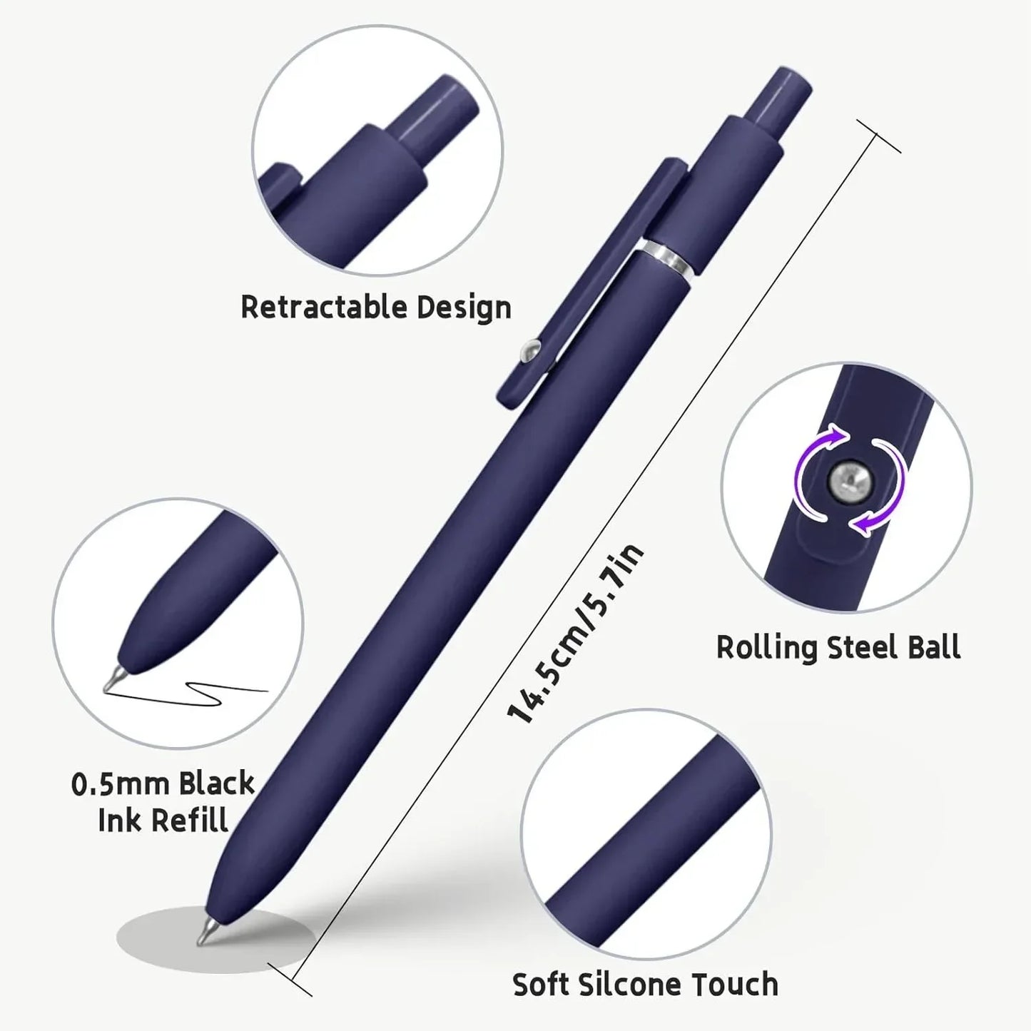 Gel pen, 5 0.5mm black ink pens, silicone grip, high-end series metal clip retractable pen (vintage)