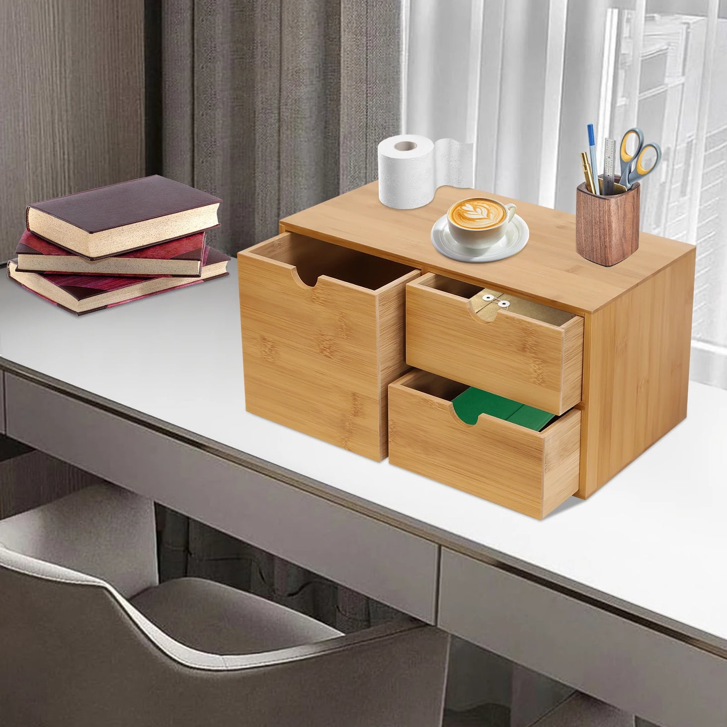 Bamboo Desk Drawer Organizer Tabletop Storage Cabinet Corner Desk Organizer W/3 Drawers for Home Office Supplies,33*19*16cm