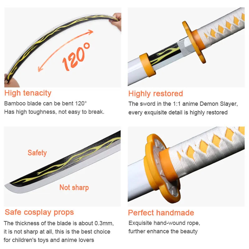 Anime Bamboo Katana 80cm /31.5in  Wooden Sword Cosplay  Props Giyuu Blue Tanjirou Kyoujurou Party Gift