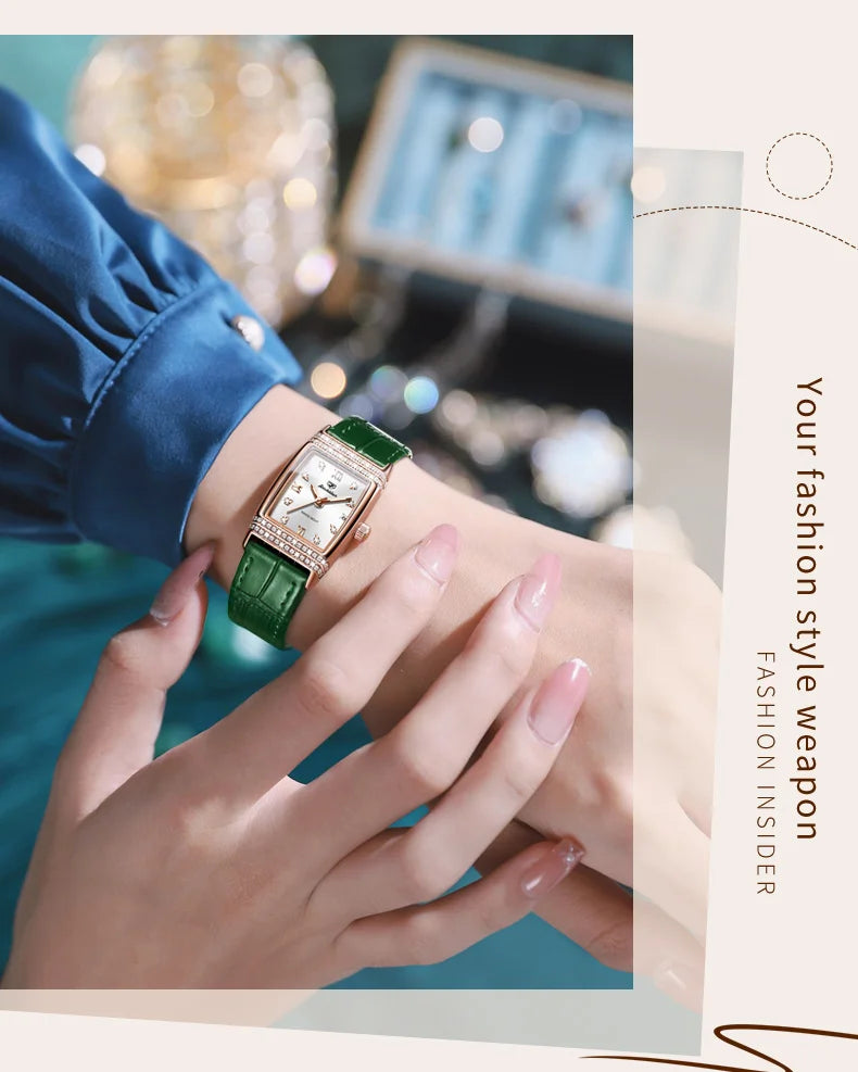 JSDUN Woman Watch Luxury Diamond Dial Comfortable Leather Watchband Fashion Square Rose Gold Quartz Wristwatches Montre Femme