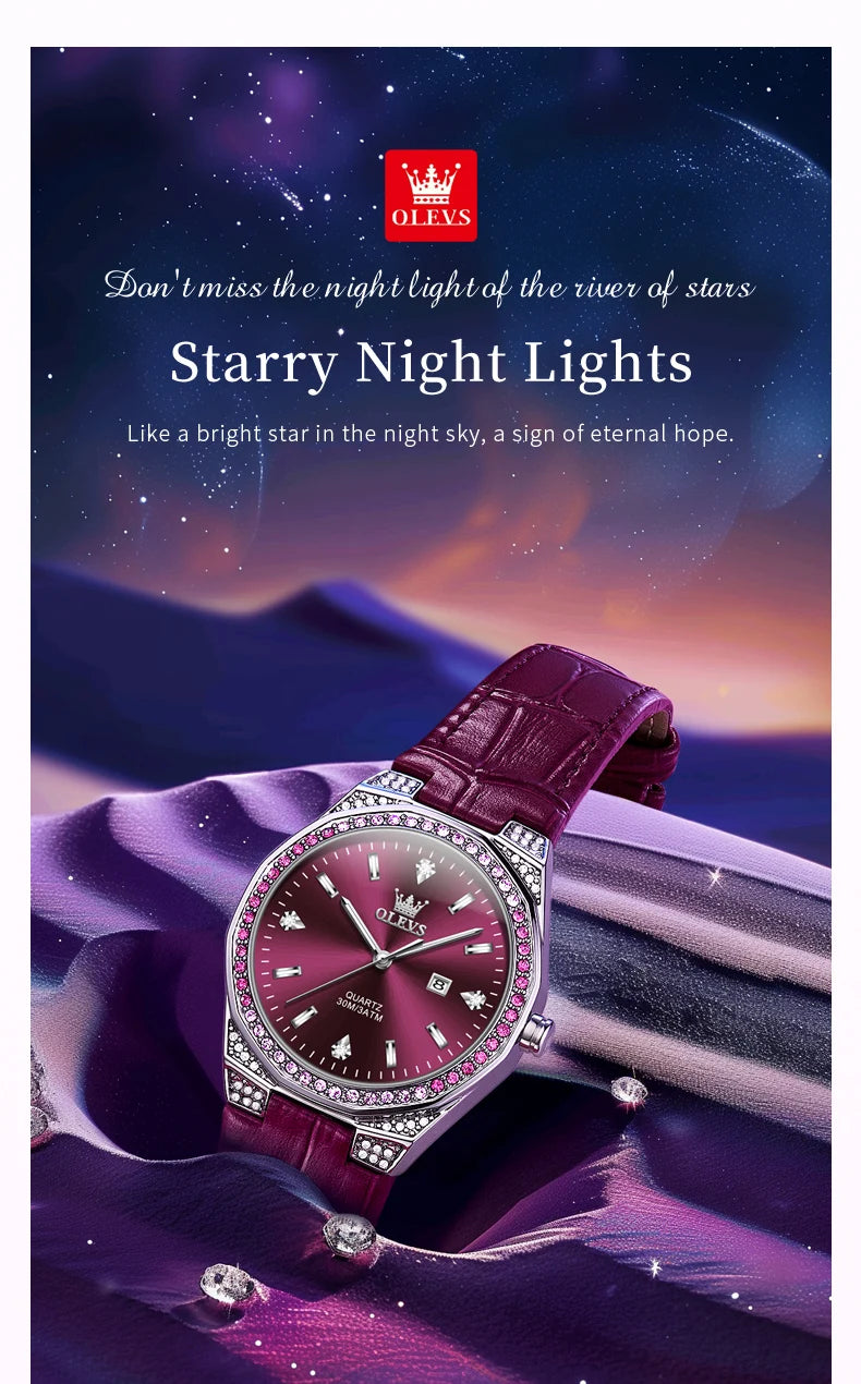 OLEVS Original Women's Watches Diamond Lap Fashion Leather Strap 3m Waterproof Luminous Ladies Wristwatch Quartz Watch for Women