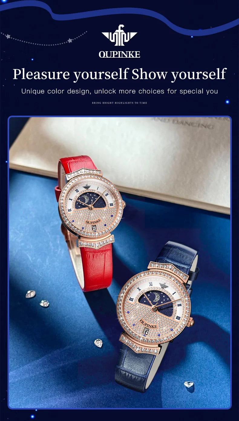 OUPINKE 3216 Woman Watch Waterproof Roman Scale Moon Phase Quartz Watch For Women Luxury Original Diamond Date Ladies Hand Clock
