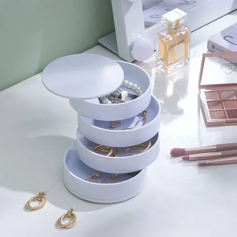 4 Layers Rotating Jewellery Storage Box Women Necklace Desk Organizer Earring Holder Travel with Lid for Ring Bracelet  Storage