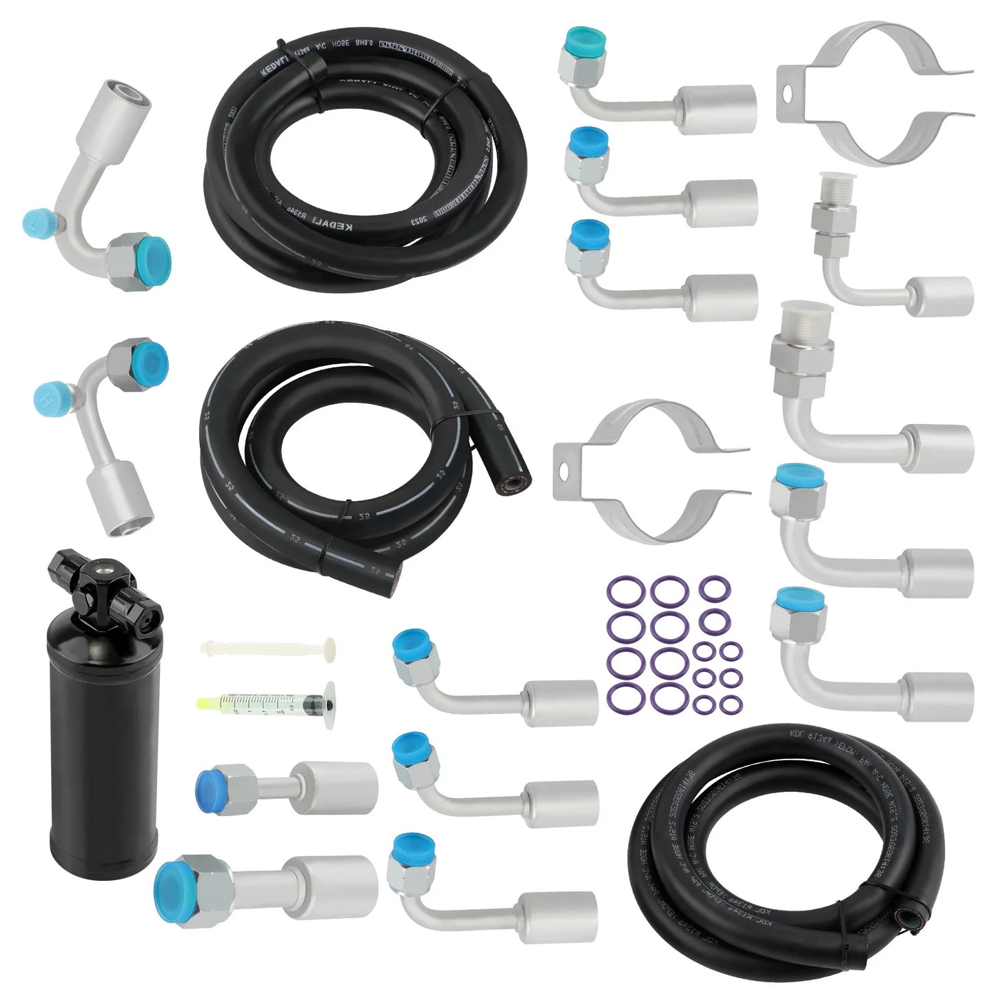 Universal 134a Air Conditioning Hose Kit & Black Drier & O-Ring Fittings