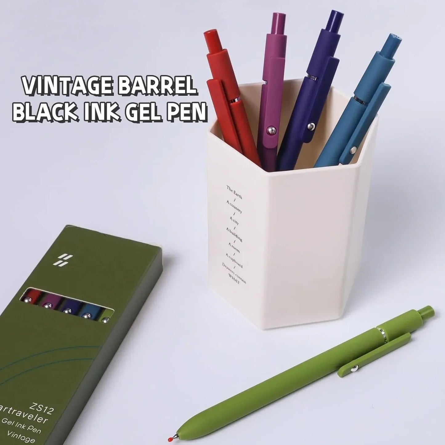 Gel pen, 5 0.5mm black ink pens, silicone grip, high-end series metal clip retractable pen (vintage)