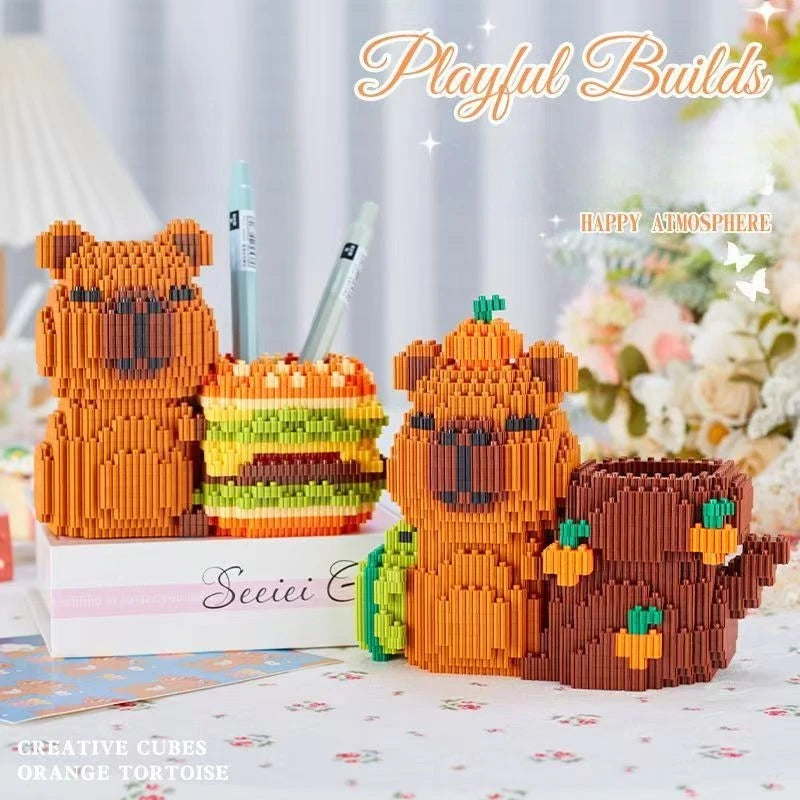 Capybara Building Block Pen Holder Panda Desk Organizer for Office Supplies Cosmetics Birthday Gift Desktop Decoration