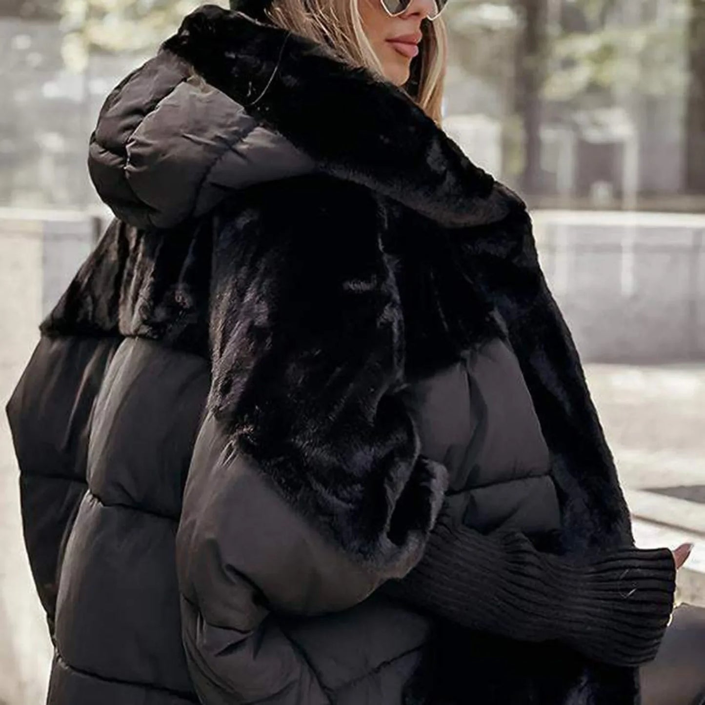 Women's Loose Cotton Coat Faux Fur Patchwork Winter Coat Comfort Chic Long Sleeve Hooded Jacket