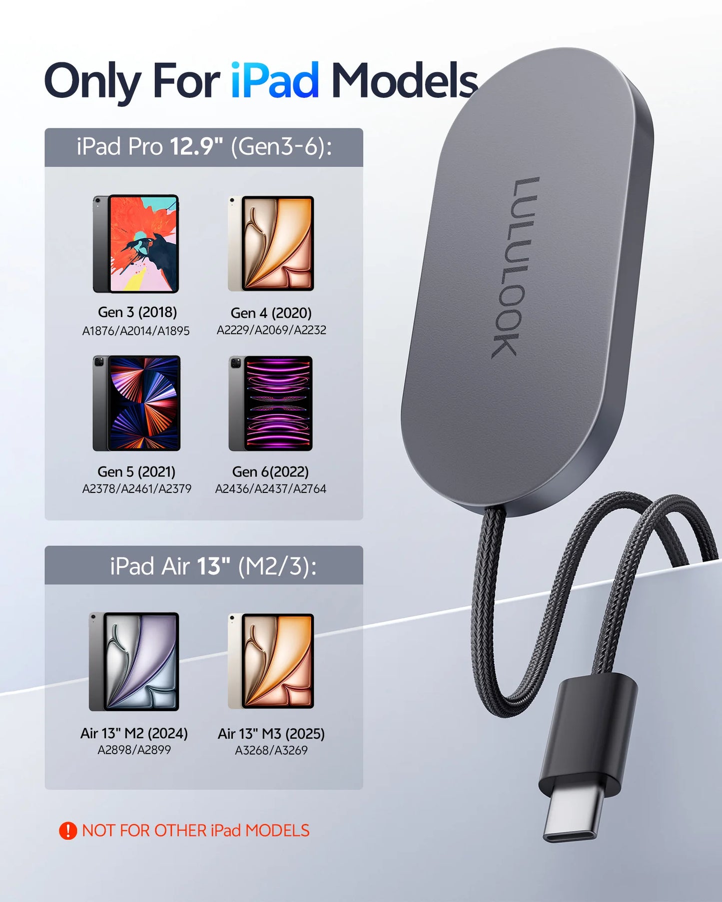 LULULOOK Magnetic Wireless Charger for iPad Pro/Air, 35W Aluminum Alloy Fast Charing with 6.5ft USB-C Cable Smart ipad Charger