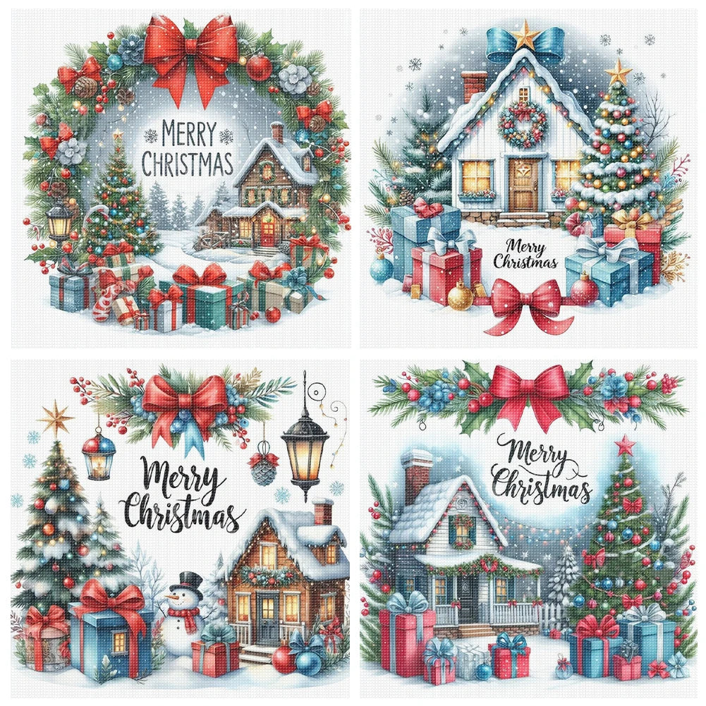 Full Embroidery Eco-cotton Thread 14CT Counted Christmas House Cross Stitch Kit