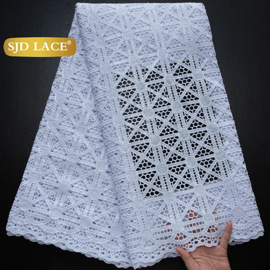 SJD LACE African Sequins Guipure Cord Lace Fabrics 5 Yards White 2026 New Nigerian Water Soluble Lace For Women Dresses Sew 4197