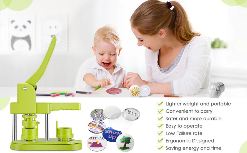 Badge Pin Button Maker Machine DIY 25/32/37/44/58MM Badges Set with 100Pcs Button Parts+Circle Cutter, Badge Press Maker Machine
