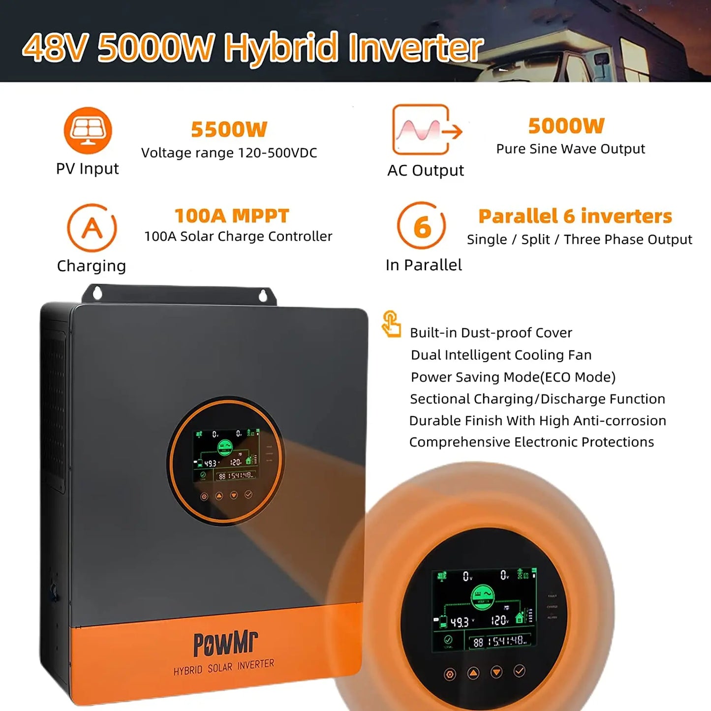 5KW Single Phase 120V 110V AC Off-Grid 48V All In One Hybrid Inversor Built 80A/100A MPPT Solar Charger Controller Fit for Home